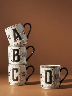 Anthropologie Letter C Bistro Tile Stoneware Mug Cup Monogram Edition Collection